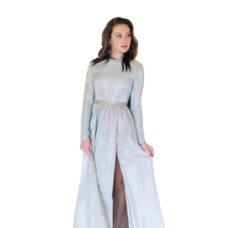 Ieena Mac Duggal 26125 Silver Metallic Long Sleeve Gown Size 2 Renaissance Style