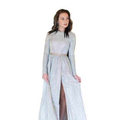 Ieena Mac Duggal 26125 Silver Metallic Long Sleeve Gown Size 2 Renaissance Style