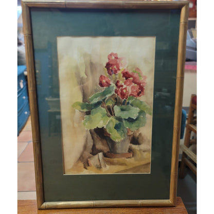 MCM Watercolor Matted Floral Still life under Glass Gold Bamboo 60's Frame