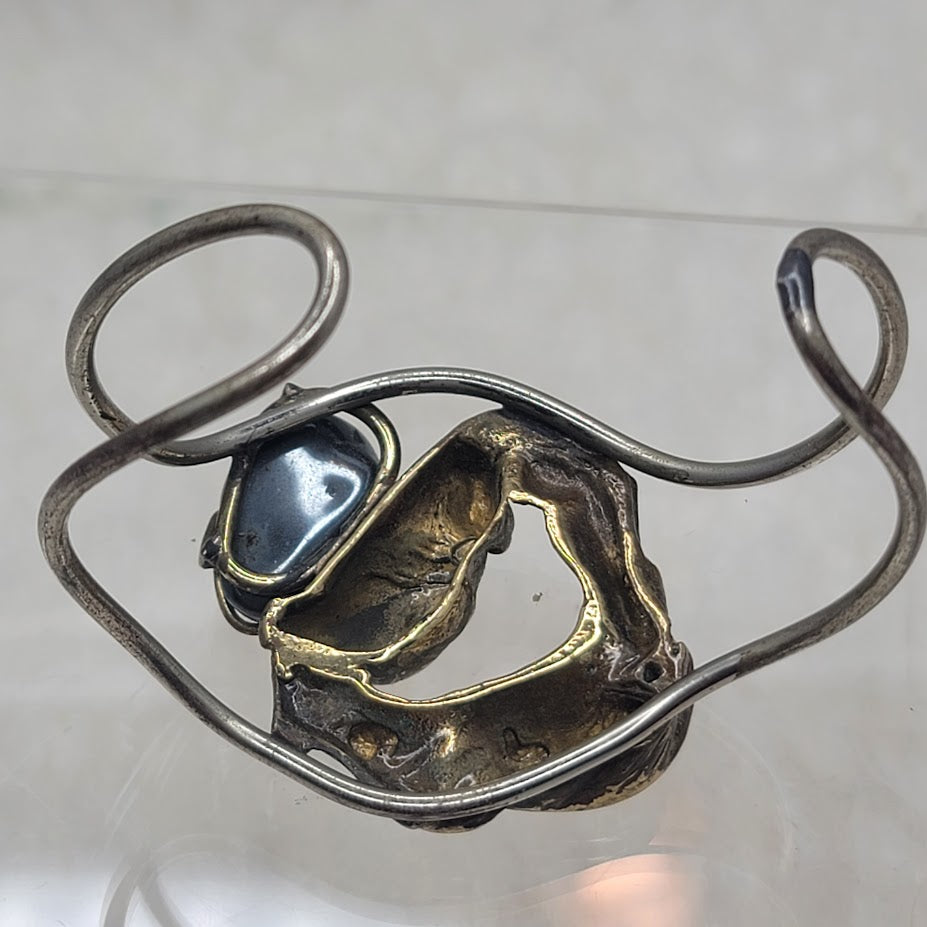 Vintage Molten Brutalist Sculptural Mixed Metal Cuff Bronze & Polished Hematite