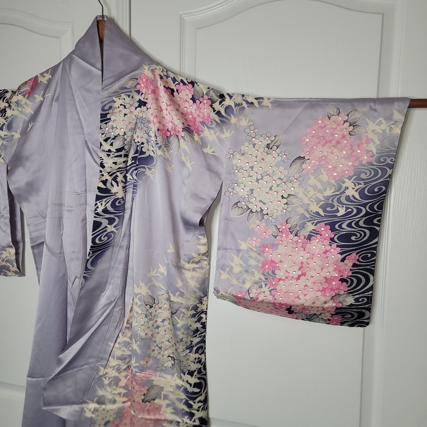 Vintage Silk Tomesode (short sleeve) Kimono Robe Blue Birds Pink White Sakura