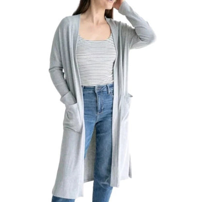 Magashoni Light Gray Long Cardigan duster Size Medium with pockets Open Front