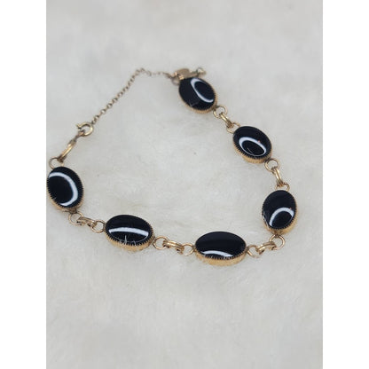 Vintage 12K Gold Filled Black Onyx Oval Link Bracelet Antique Co MidCentury Glam