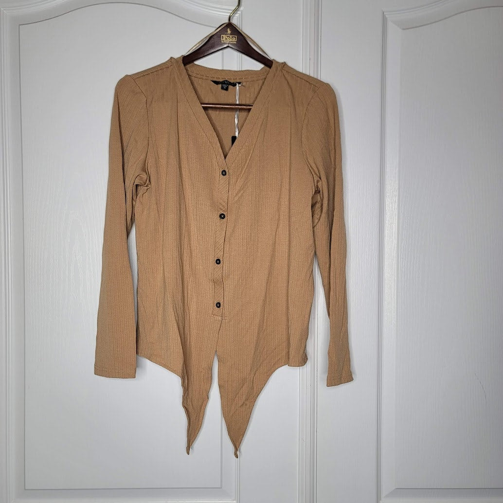 VELVET Heart MEDIUM Textured tan Waist Tie Blouse Top Long sleeve Faux button Up