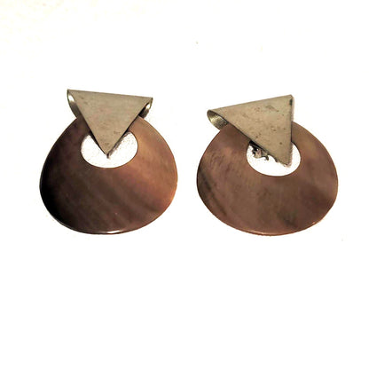 Vintage 1970s metal  clipon earrings Geometric Silvertone Triangle Circle large