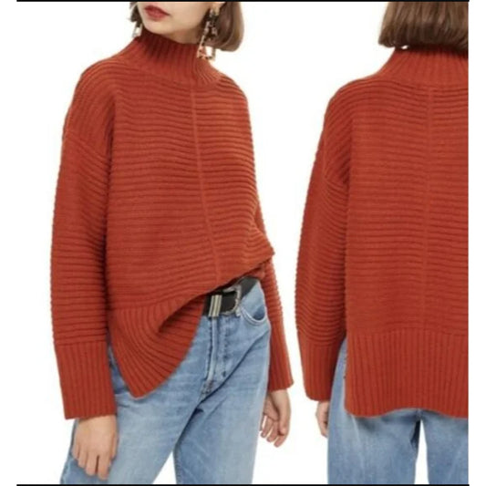 Topshop SMALL Ribbed Sweater Pullover Sz 6 Orange Long Sleeves Mock Neck NEW