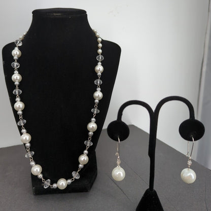 Vtg. Faux Pearl Facett Bead Necklace Earrings Set SilverTone Bridal Wedding Glam