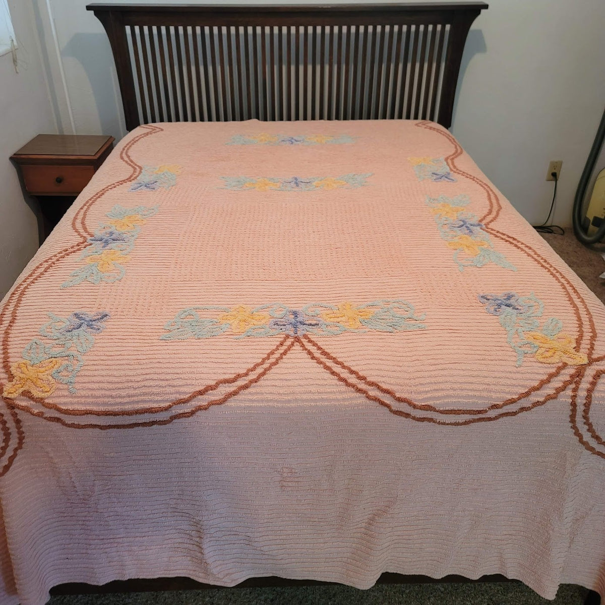 VINTAGE chenille queen coverlet flowers bedspread blanket Peach Blue Yellow