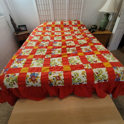 Vintage Farmhouse Red Yellow Floral Patchwork Unfinished Quilt Top 108x88 Queen