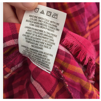 Distressed Jeans Button Up Shirt Extra Large/XL 16 Raspberry Plaid NWT Raw Hem