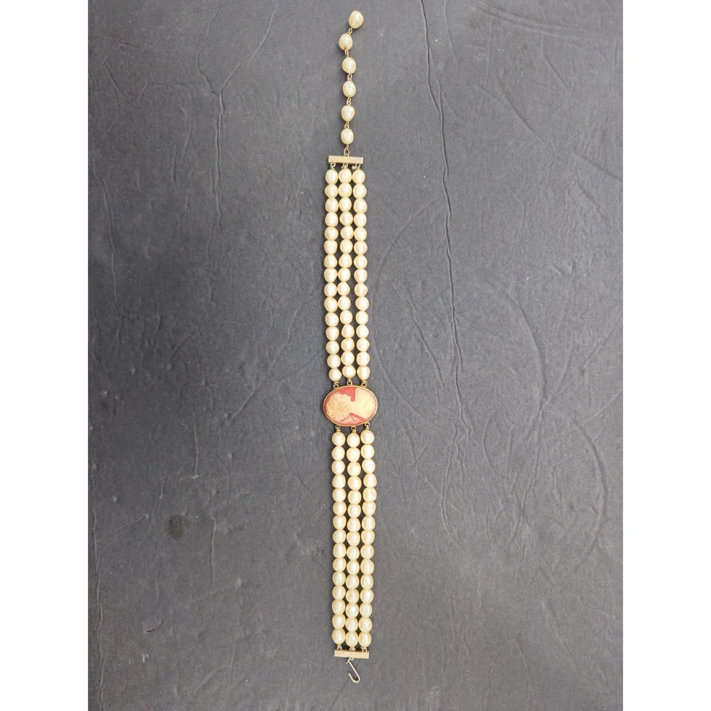 Vintage Triple Strand Faux Pearl Choker Cameo Centerpiece Victorian Style