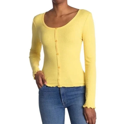 Abound Yellow Bamboo Scoop Neck Knit Top NEW xxl Long Sleeves Lettuce Edged