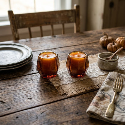 Vintage Amber Glass Votive Candle Holders with Orange Candles - Pair