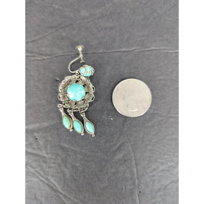 Vintage Y2K Turquoise Silver Tone Filigree Chandelier Screw Back ClipOn Earrings