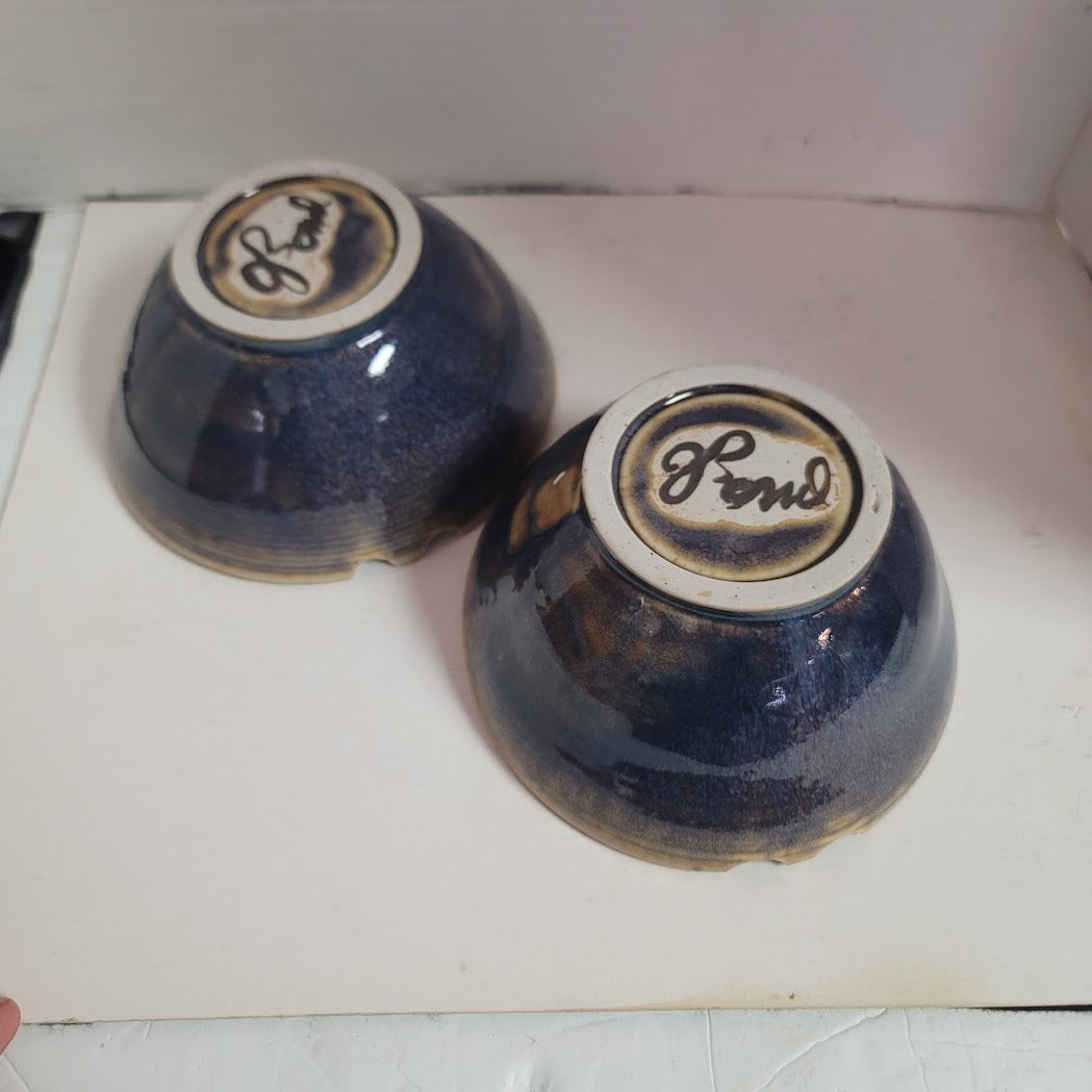 Pair 2 Notched Bowls 7" x 3.5" Blue Brown earthtone Jake Julie Bond Art Pottery