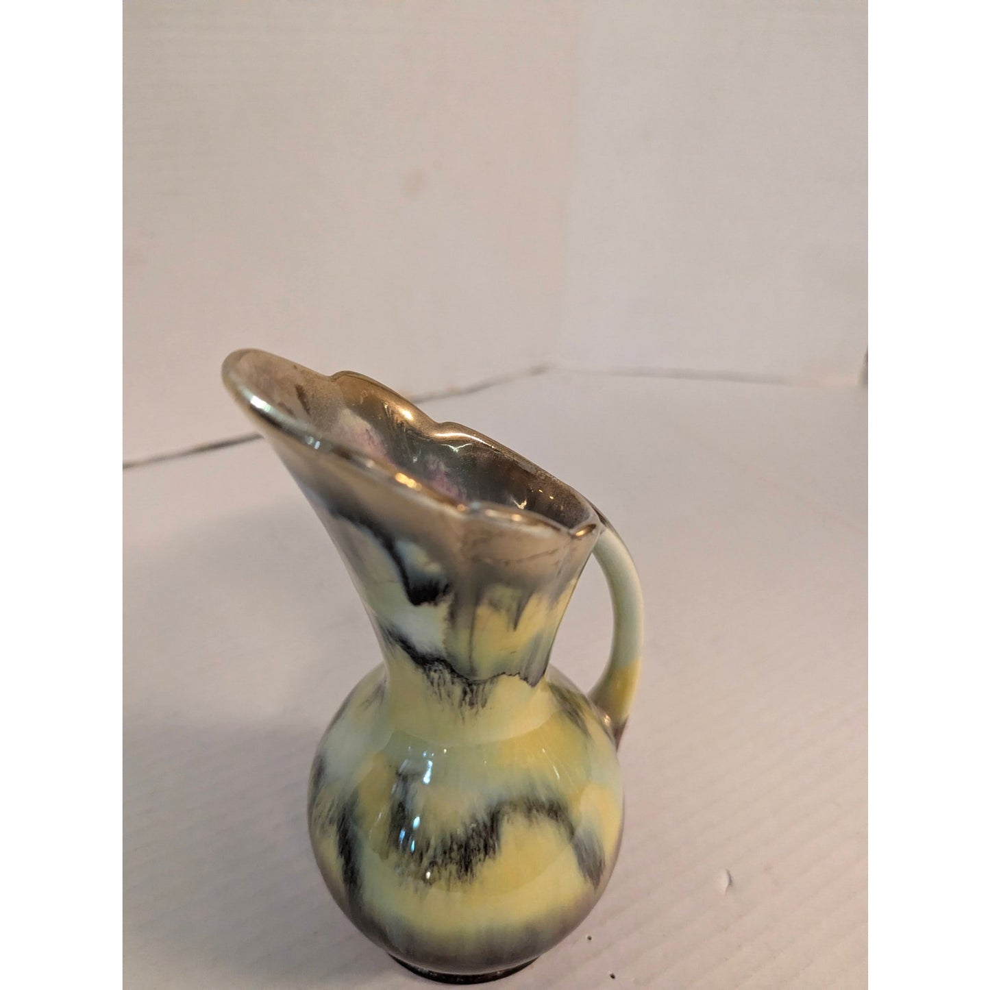 Vintage Art Deco Majolica Pitcher Ewer Vase Yellow Brown Drip Glaze 7"