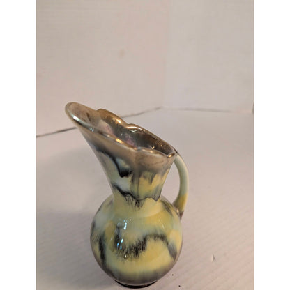 Vintage Art Deco Majolica Pitcher Ewer Vase Yellow Brown Drip Glaze 7"