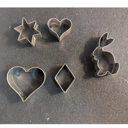 Vintage Metal Mini Cookie Cutters Set of 5 Heart Star Rabbit Diamond Spade Shape