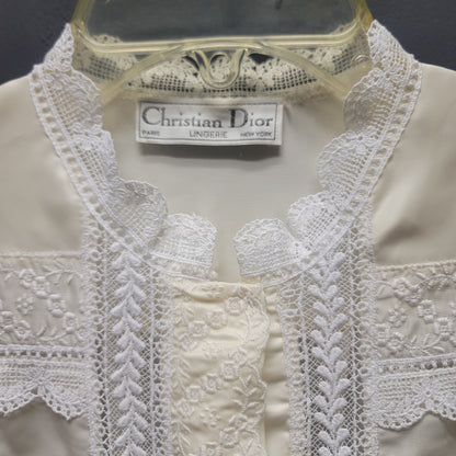 Christian Dior Vintage Cream Lace Trim Long Nightgown Robe Retro Coquette Small