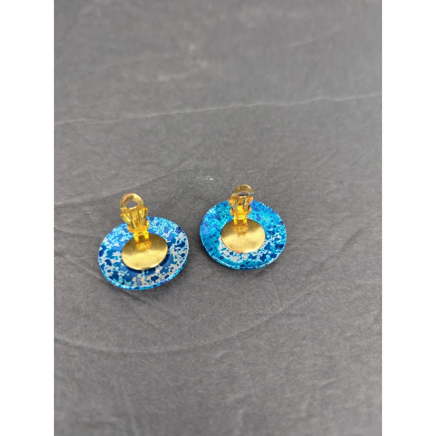 Vintage West Germany Hand Painted Enameled Metal Clip On Earrings Abstract BLUE