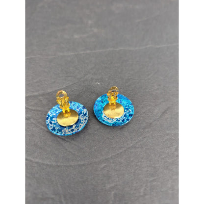 Vintage West Germany Hand Painted Enameled Metal Clip On Earrings Abstract BLUE