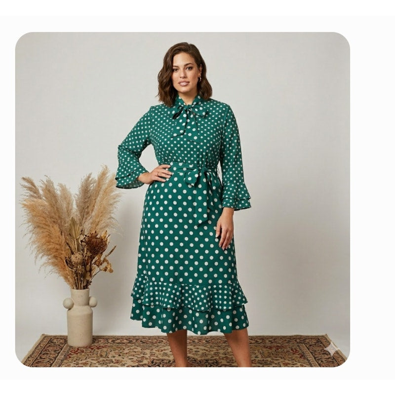 Vintage Green White Polka Dot Tie Neck Retro Rockabilly Dress 16 Fit Flare