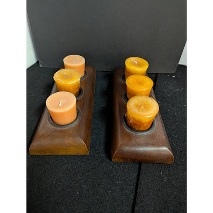 Modern Wooden Tea Light Candle Holders Pair Minimalist Table Top Centerpieces