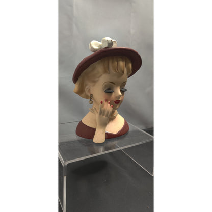 Inarco 1961 Lady Headvase Planter MCM Kitsch Burgundy Hat Retro Decor Vase Rare!