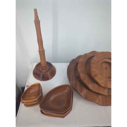 Vintage MCM Hand-Carved Wooden 3-Tiered Serving Stand with Water Buffalo Topper
