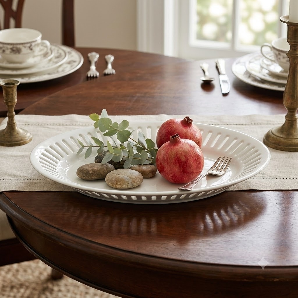 Godinger Antique Reflections White Ceramic Reticulated Oval Platter