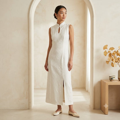 VINTAGE White Sleeveless Geometric Swirl Heavy Fabric Maxi Dress cocktail MEDIUM