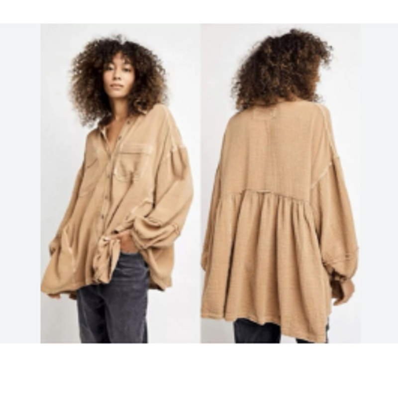 Free People Anaheim Double Cloth Top Gauze Shirt Tunic Camel OVERSIZED S-L New