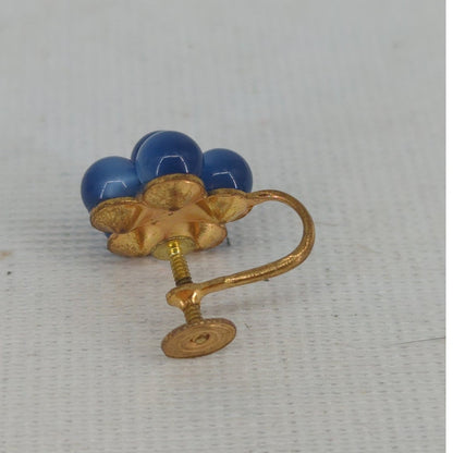 Vintage Mid Century Cobalt Cluster Bead Screw Back Earrings Retro French Country