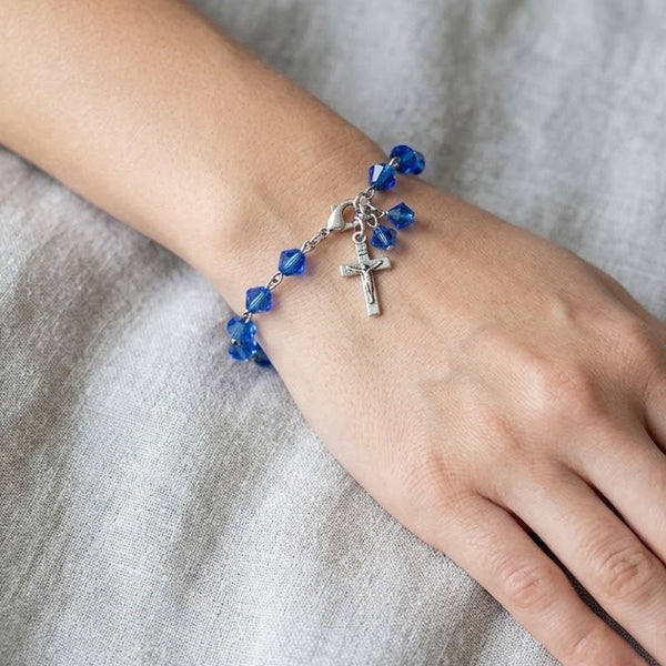 Sapphire Blue Crystal Sterling Silver Crucifix Small 7' Rosary Bracelet