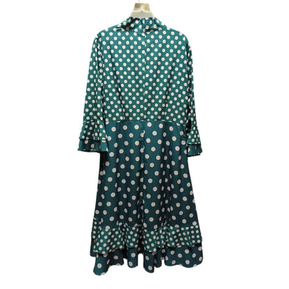 Vintage Green White Polka Dot Tie Neck Retro Rockabilly Dress 16 Fit Flare