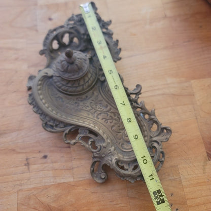 Antique Ornate Brass Grotesque Mascaron Inkwell Victorian Rococo Pen Tray