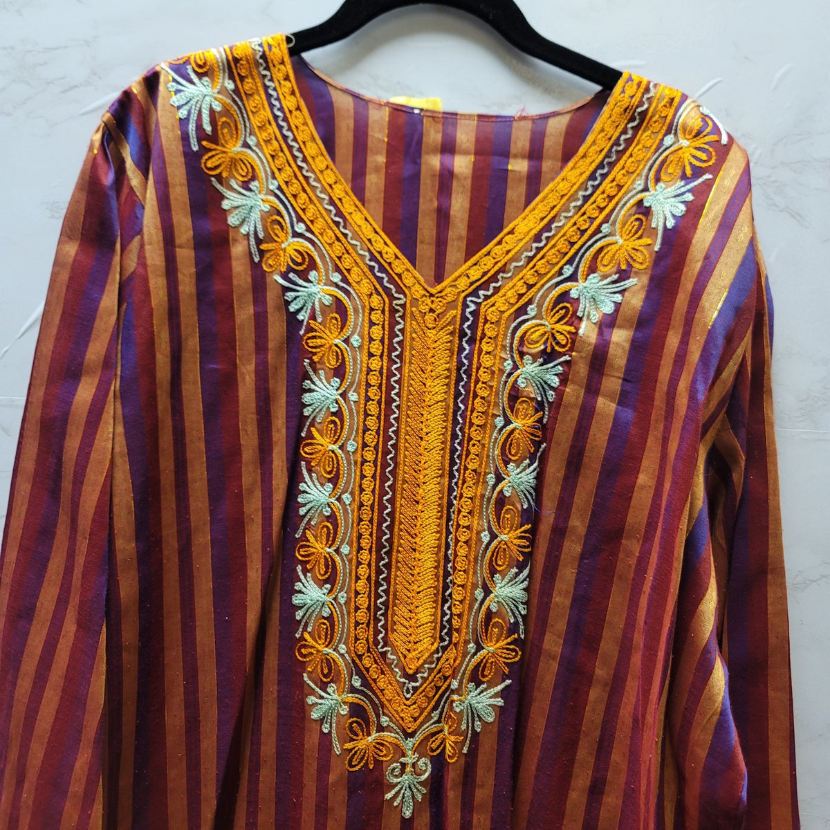 Vintage Embroidered Striped Caftan Maxi Dress with Gold Lurex One Size