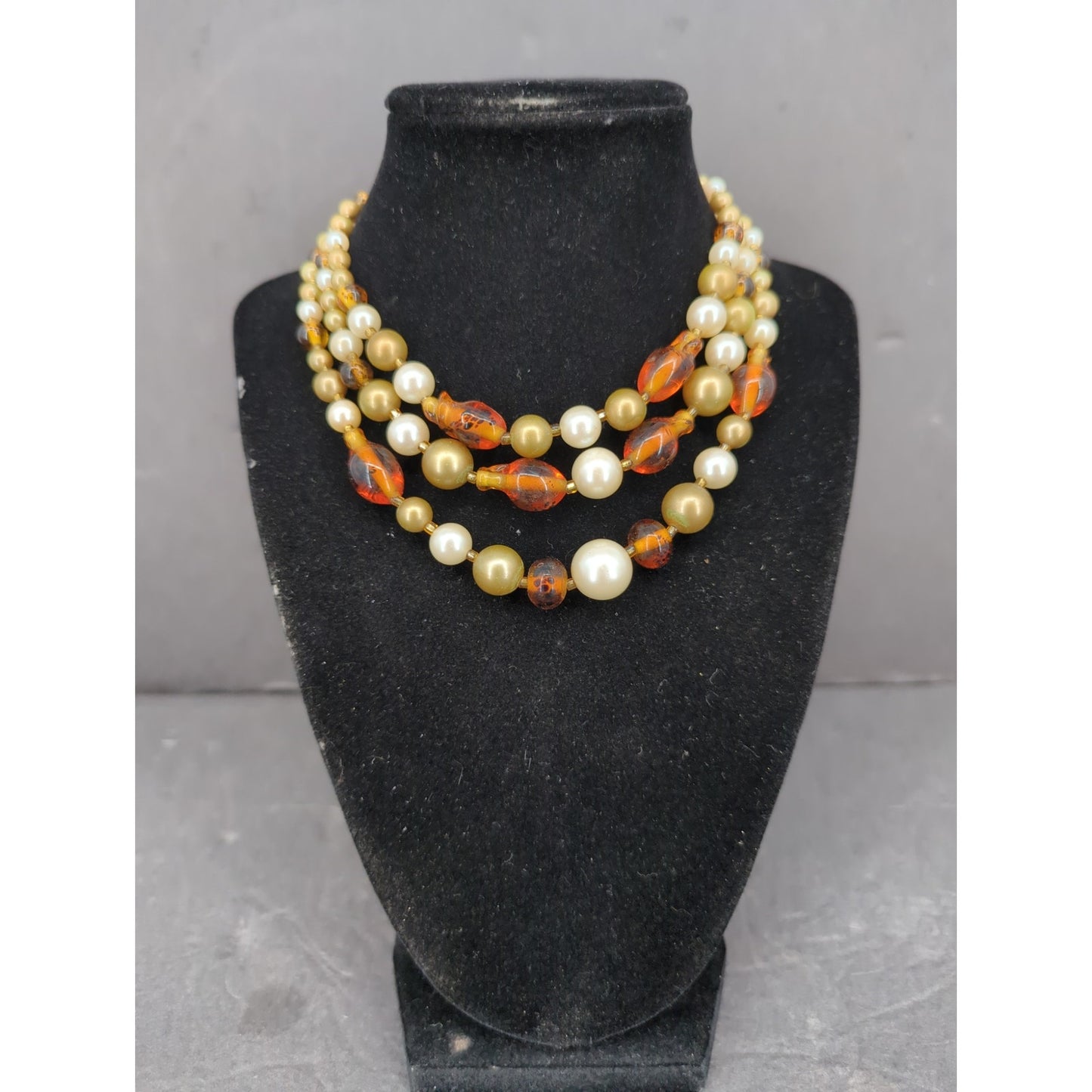 Vintage Multi Strand Amber & Pearl Bead Necklace Mid-Century Statement Jewelry