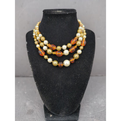 Vintage Multi Strand Amber & Pearl Bead Necklace Mid-Century Statement Jewelry
