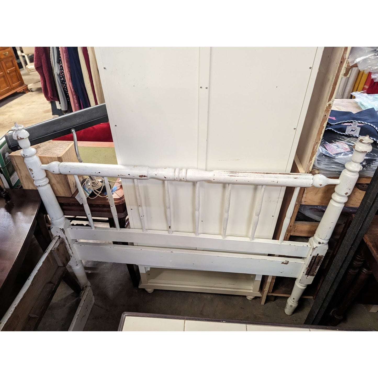 Secondhand Sandies: Spindle wood bed BEDFRAME white double. Perfect for foam / futon