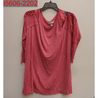 Fourteenth Place Plus Women Rose Dust Cold Shoulder Lace Trim Long Sleeve Top 2x