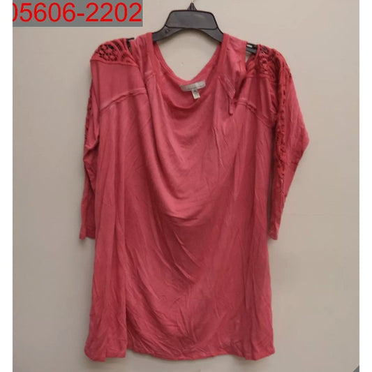Fourteenth Place Plus Women Rose Dust Cold Shoulder Lace Trim Long Sleeve Top 2x