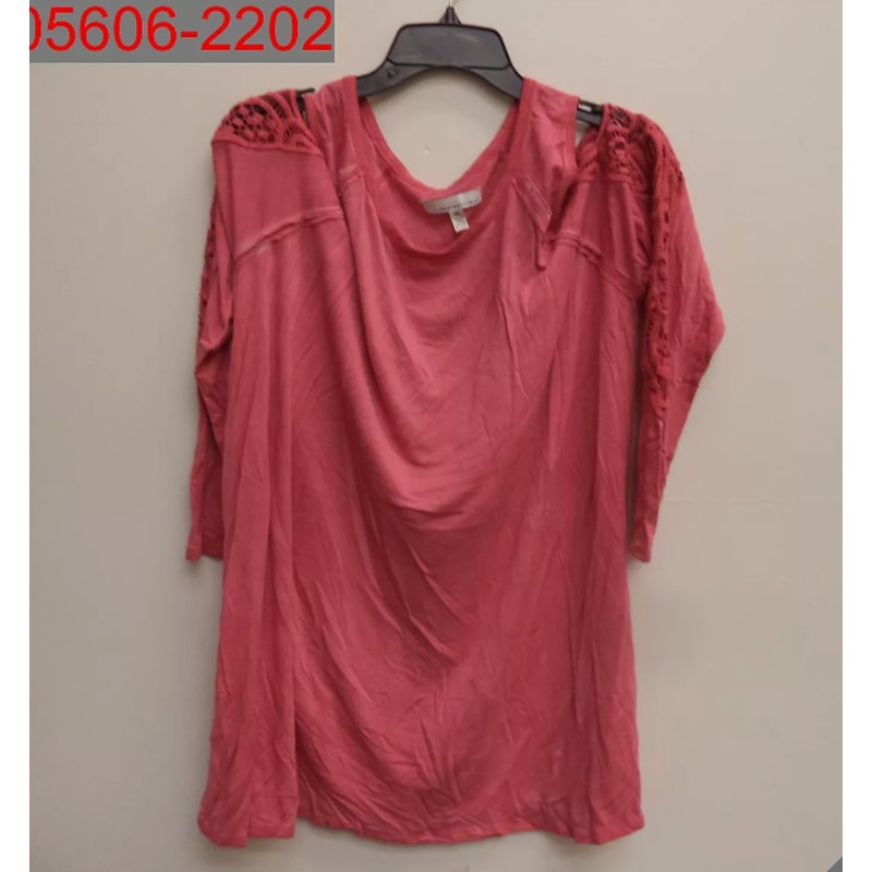 Fourteenth Place Plus Women Rose Dust Cold Shoulder Lace Trim Long Sleeve Top 2x
