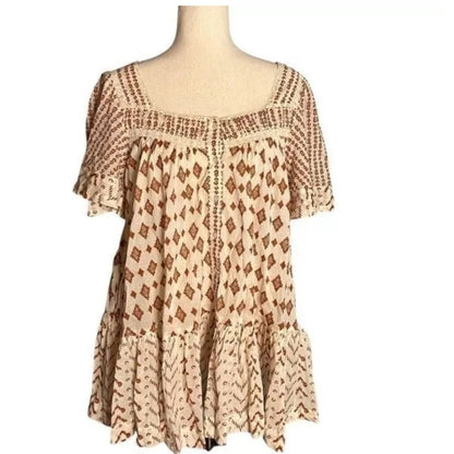 Free People SMALL  Mini Dress Tunic Short Sleeve Square Neck Brown Ivory Print