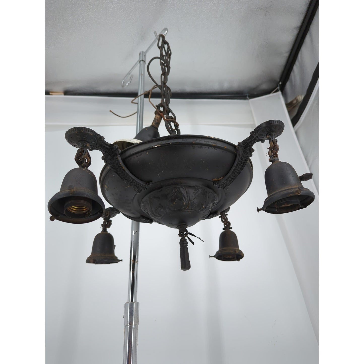 Vintage Art Deco Brass Pan Chandelier 4 Light Down Fixture Dark Patina Project