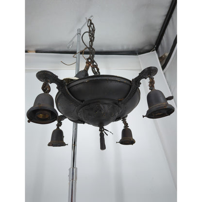 Vintage Art Deco Brass Pan Chandelier 4 Light Down Fixture Dark Patina Project