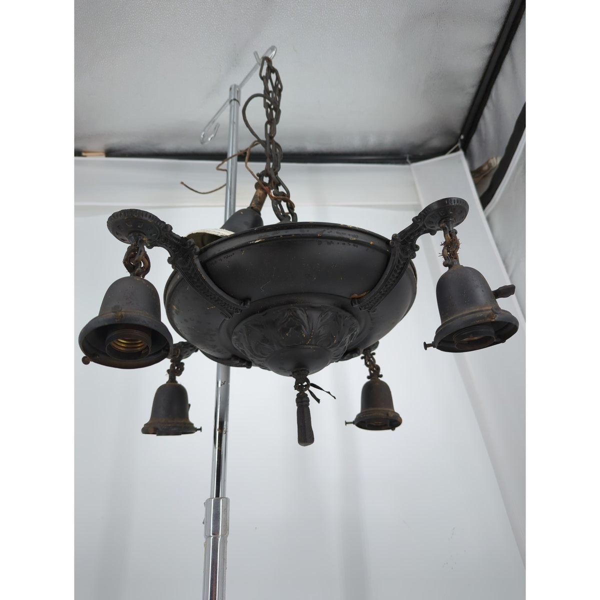 Vintage Art Deco Brass Pan Chandelier 4 Light Down Fixture Dark Patina Project
