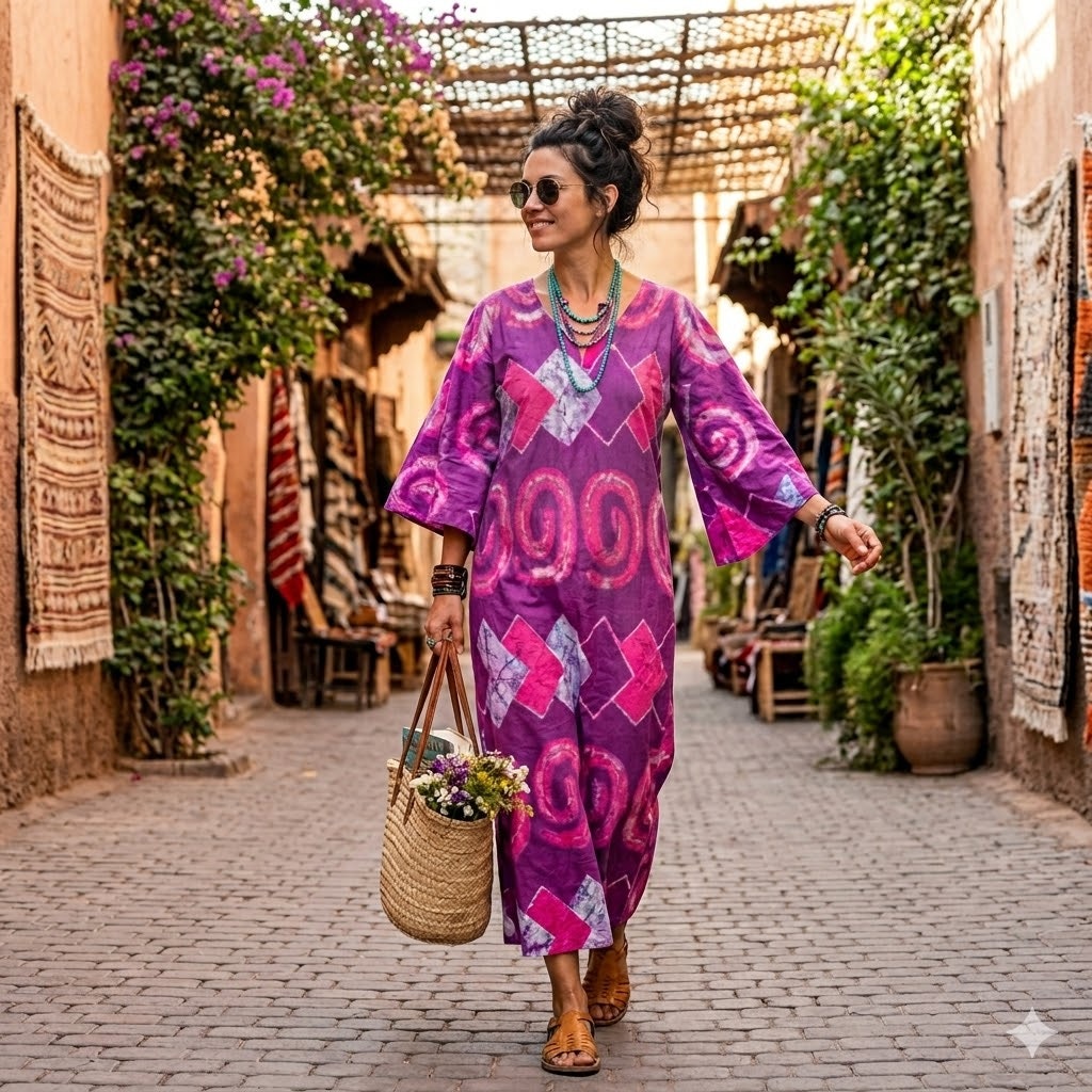 Vintage Purple Pink Batik Cotton Maxi Dress Angel Sleeve Bohemian Caftan 70s