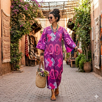 Vintage Purple Pink Batik Cotton Maxi Dress Angel Sleeve Bohemian Caftan 70s