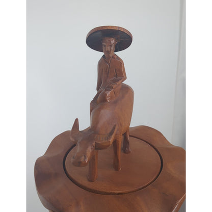 Vintage MCM Hand-Carved Wooden 3-Tiered Serving Stand with Water Buffalo Topper